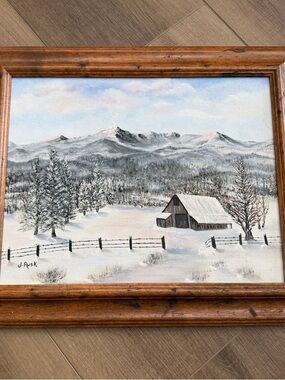 Vintage Impressionist Landscape Oil Painting Signed J Rusk Cabin Mountains Snow